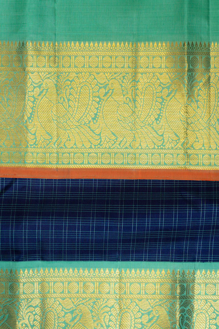 Ink Blue and Cyan Checks Pure Kanchipuram Silk Saree - Clio Silks