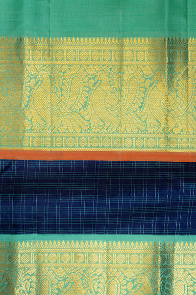 Ink Blue and Cyan Checks Pure Kanchipuram Silk Saree - Clio Silks