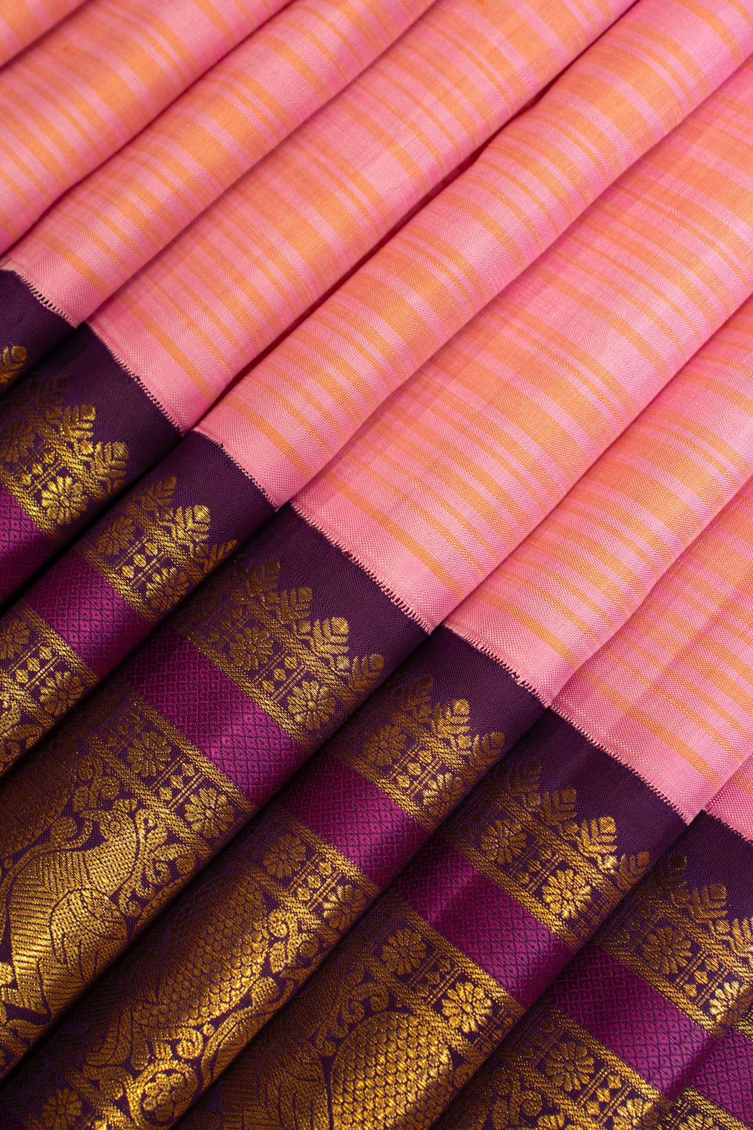 Pink stripes and purple pure Kanchipuram silk saree