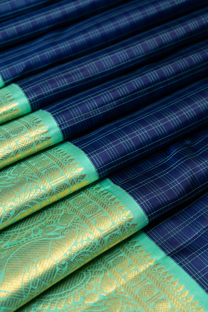 Ink Blue and Cyan Checks Pure Kanchipuram Silk Saree - Clio Silks