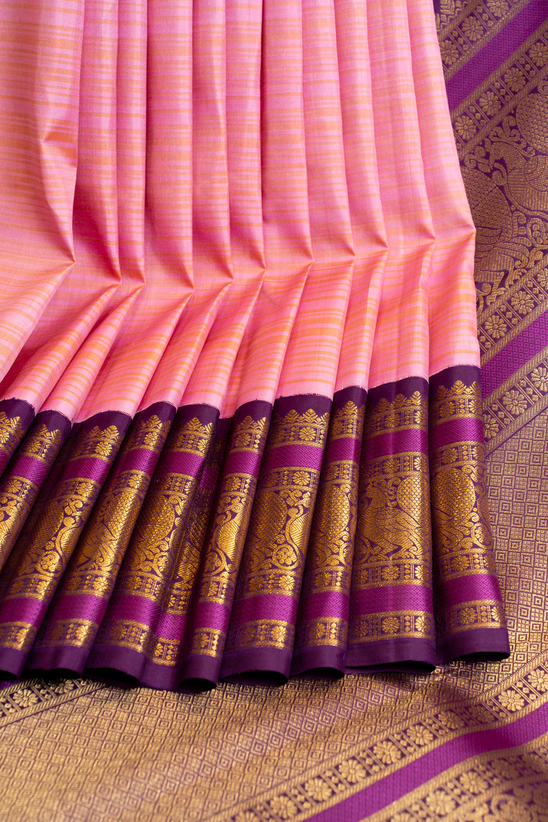 Pink stripes and purple pure Kanchipuram silk saree