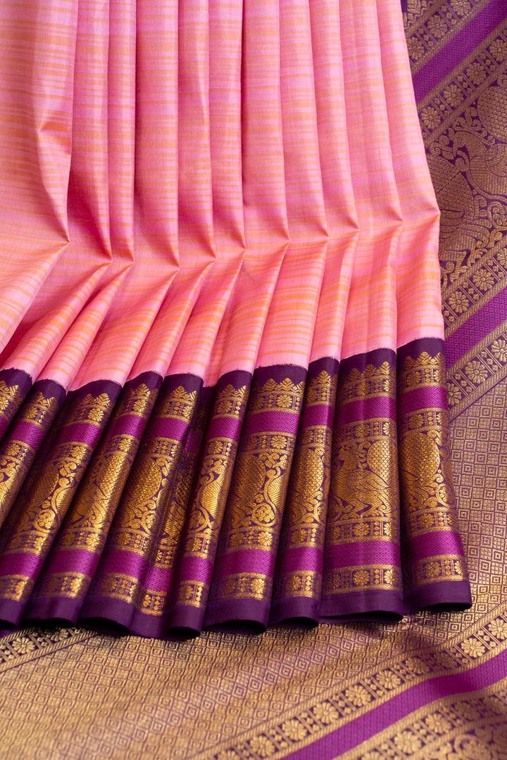 Pink stripes and purple pure Kanchipuram silk saree