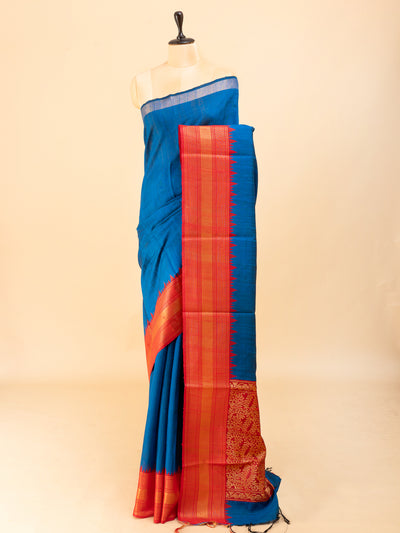 Anandha blue and red pure dupian raw silk saree