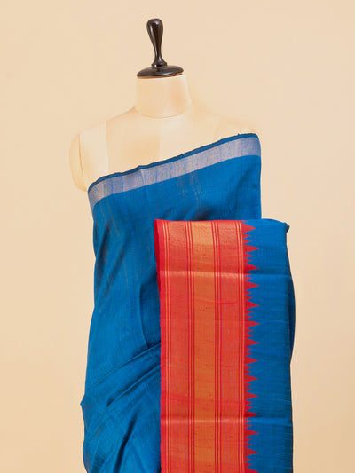 Anandha blue and red pure dupian raw silk saree