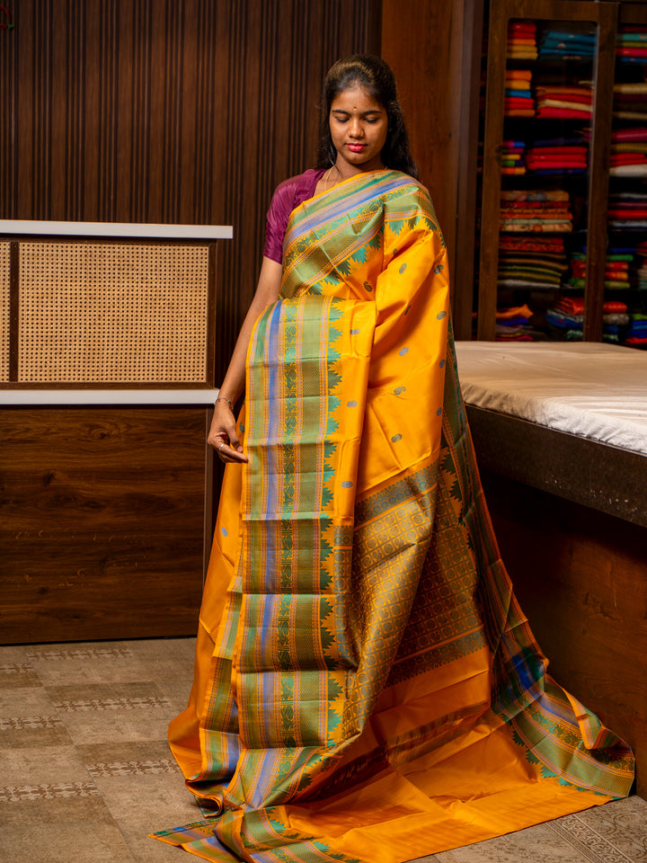 Mustard Yellow Without Zari Pure Kanchipuram Silk Saree - Clio Silks