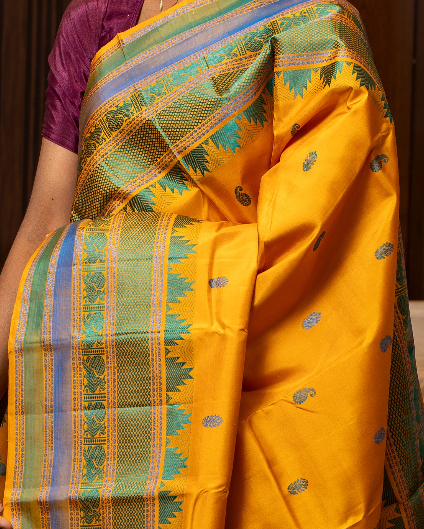 Mustard Yellow Without Zari Pure Kanchipuram Silk Saree - Clio Silks