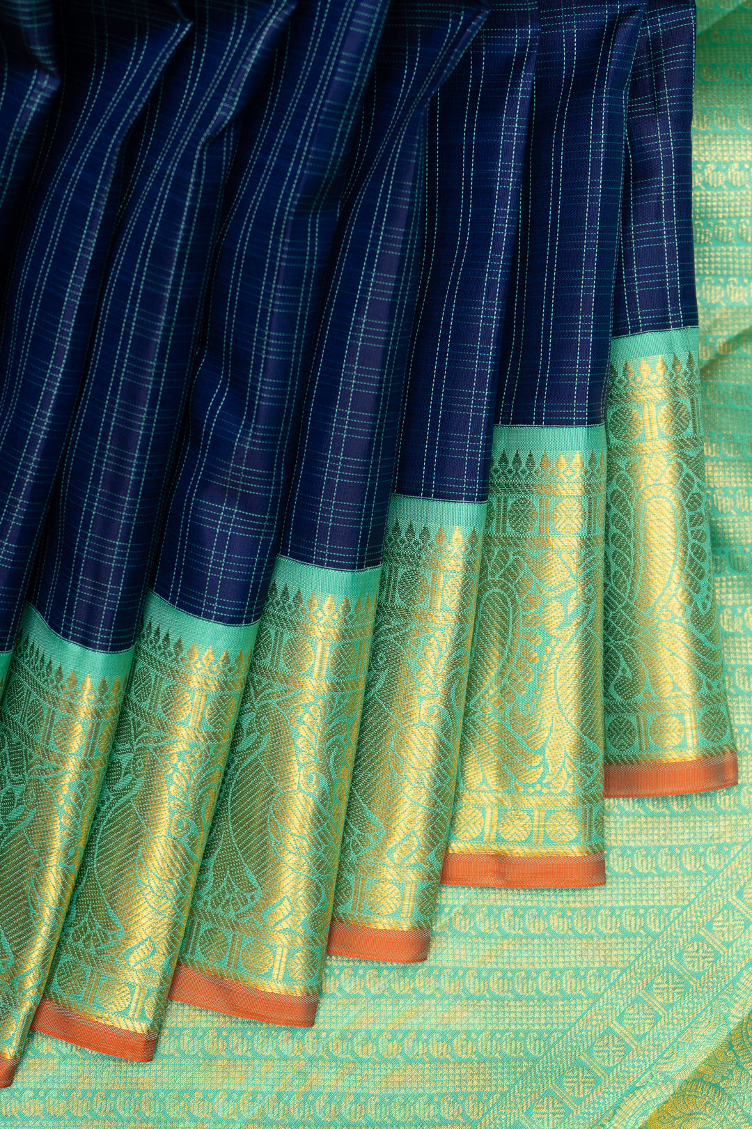 Ink Blue and Cyan Checks Pure Kanchipuram Silk Saree - Clio Silks