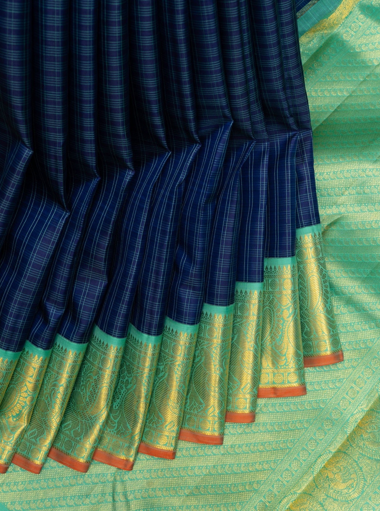 Ink Blue and Cyan Checks Pure Kanchipuram Silk Saree - Clio Silks