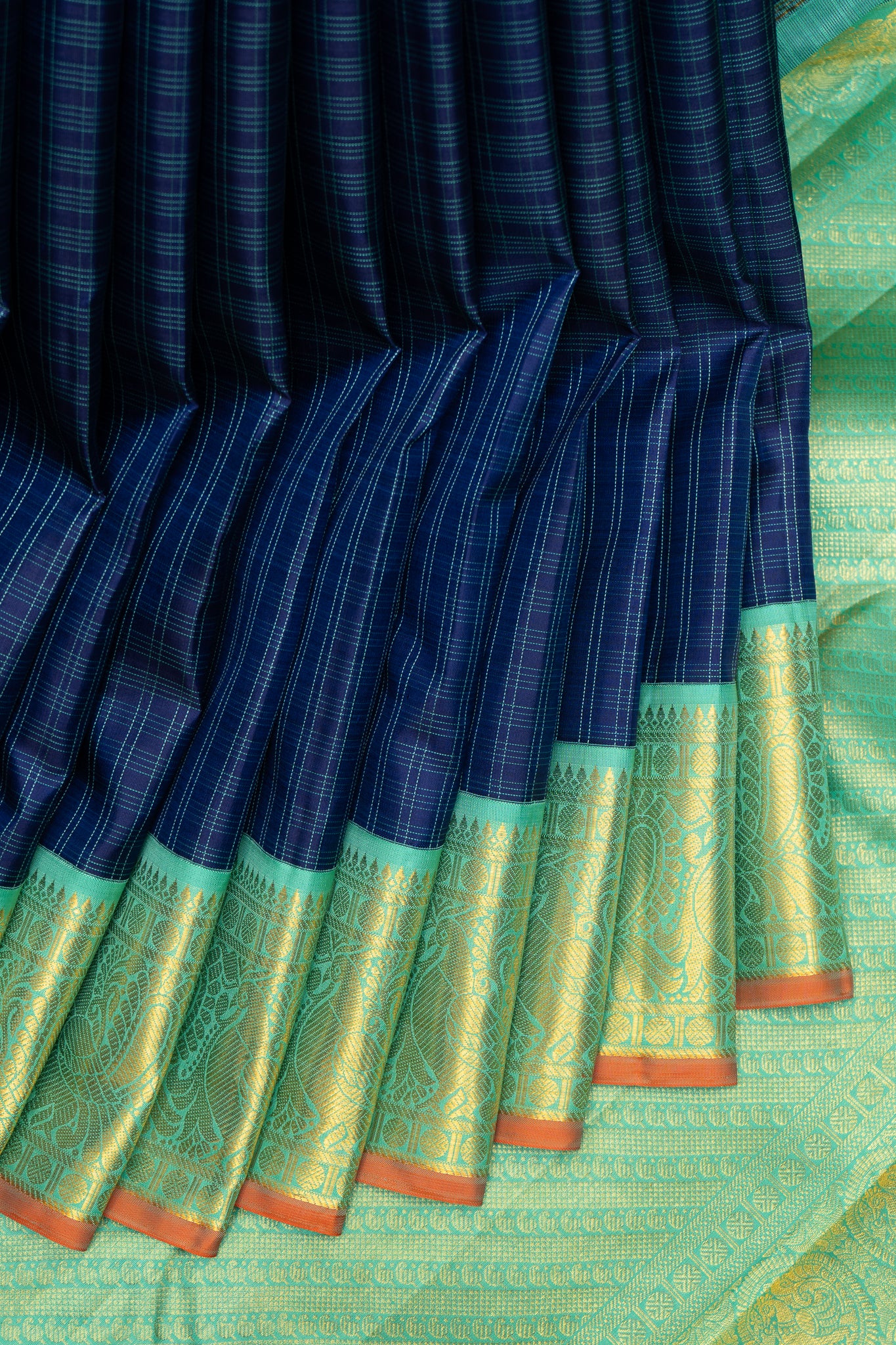 Ink Blue and Cyan Checks Pure Kanchipuram Silk Saree - Clio Silks