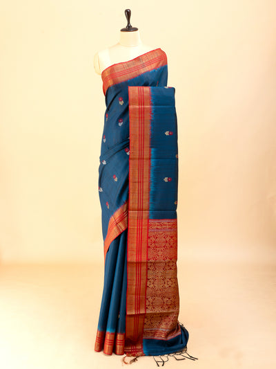 Peacock blue and red thread motifs pure dupian raw silk saree