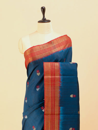 Peacock blue and red thread motifs pure dupian raw silk saree