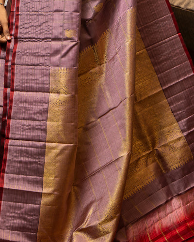 Mauve Zari Checks Pure Kanchipuram Silk Saree - Clio Silks