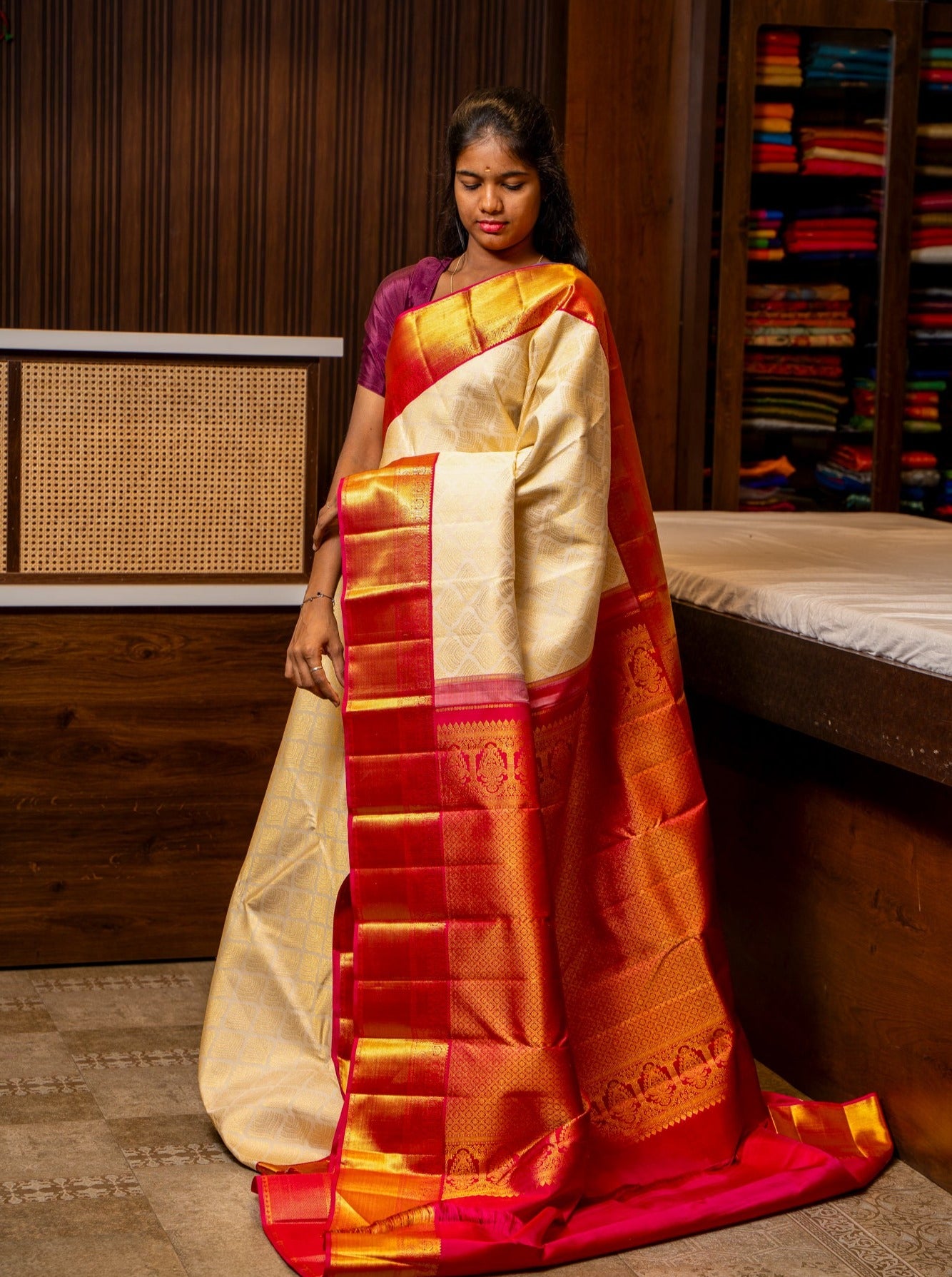 Ivory and Rani Pink Brocade Kanchipuram Silk Saree - Clio Silks