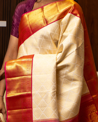 Ivory and Rani Pink Brocade Kanchipuram Silk Saree - Clio Silks