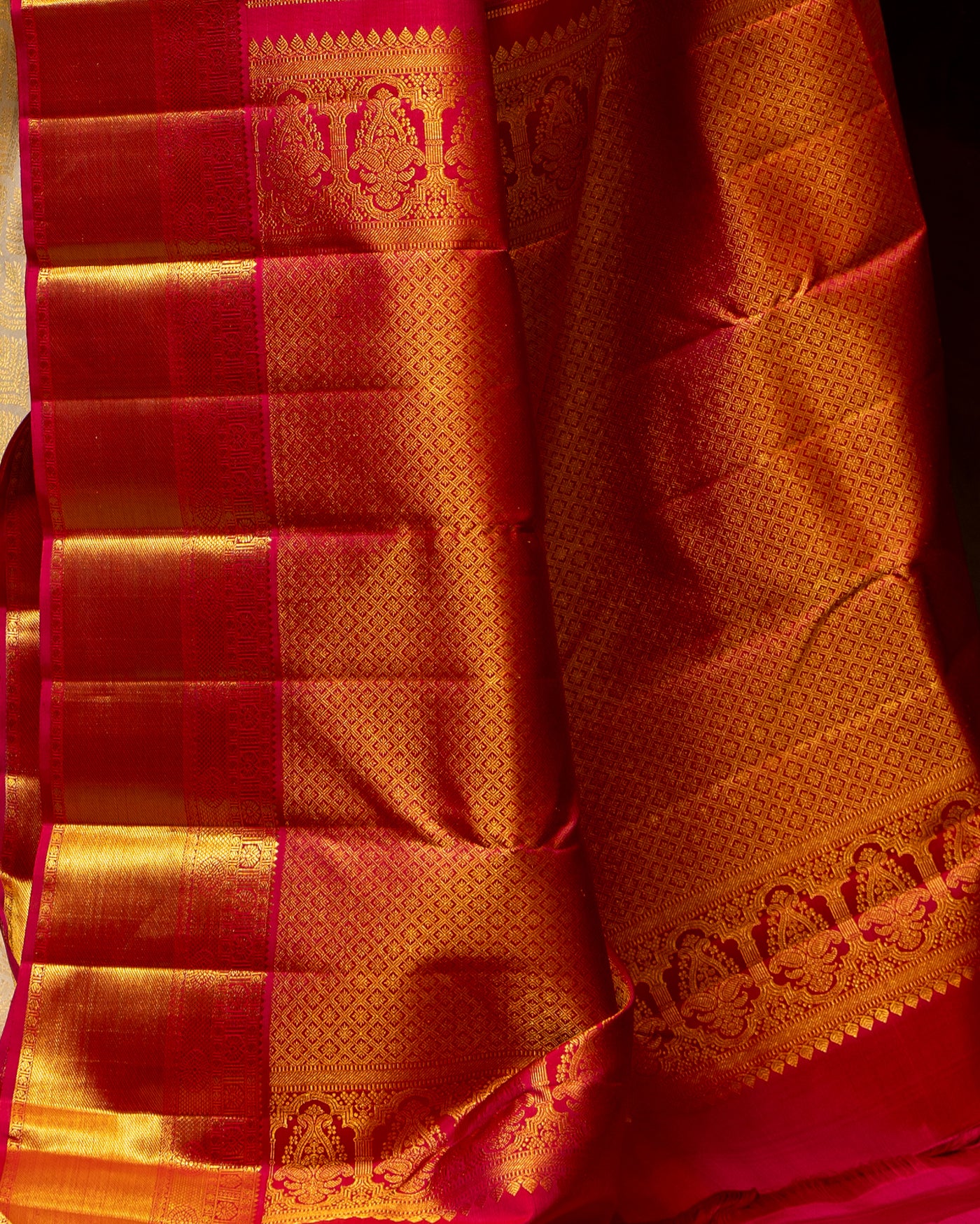 Ivory and Rani Pink Brocade Kanchipuram Silk Saree - Clio Silks