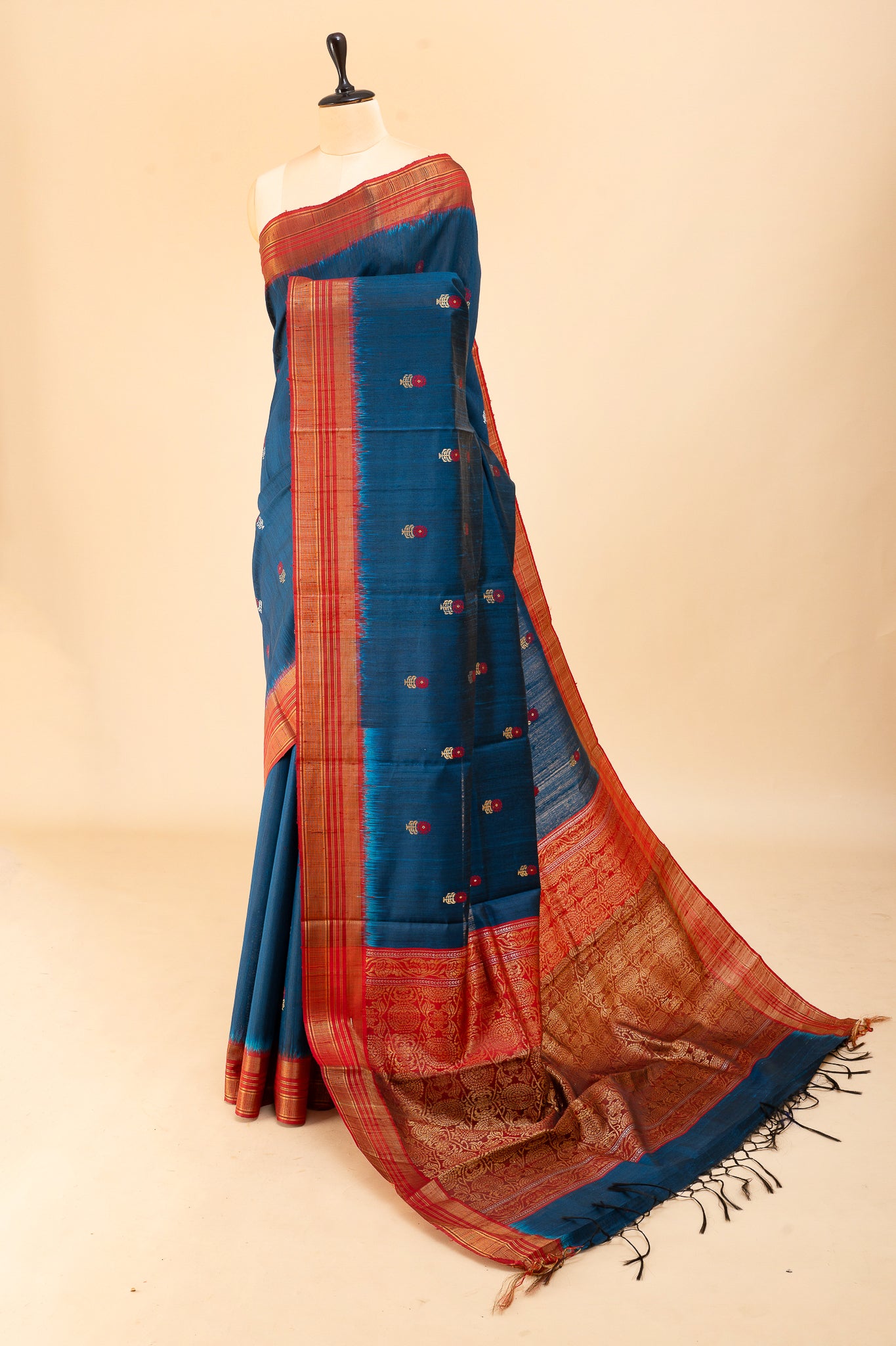 Peacock blue and red thread motifs pure dupian raw silk saree