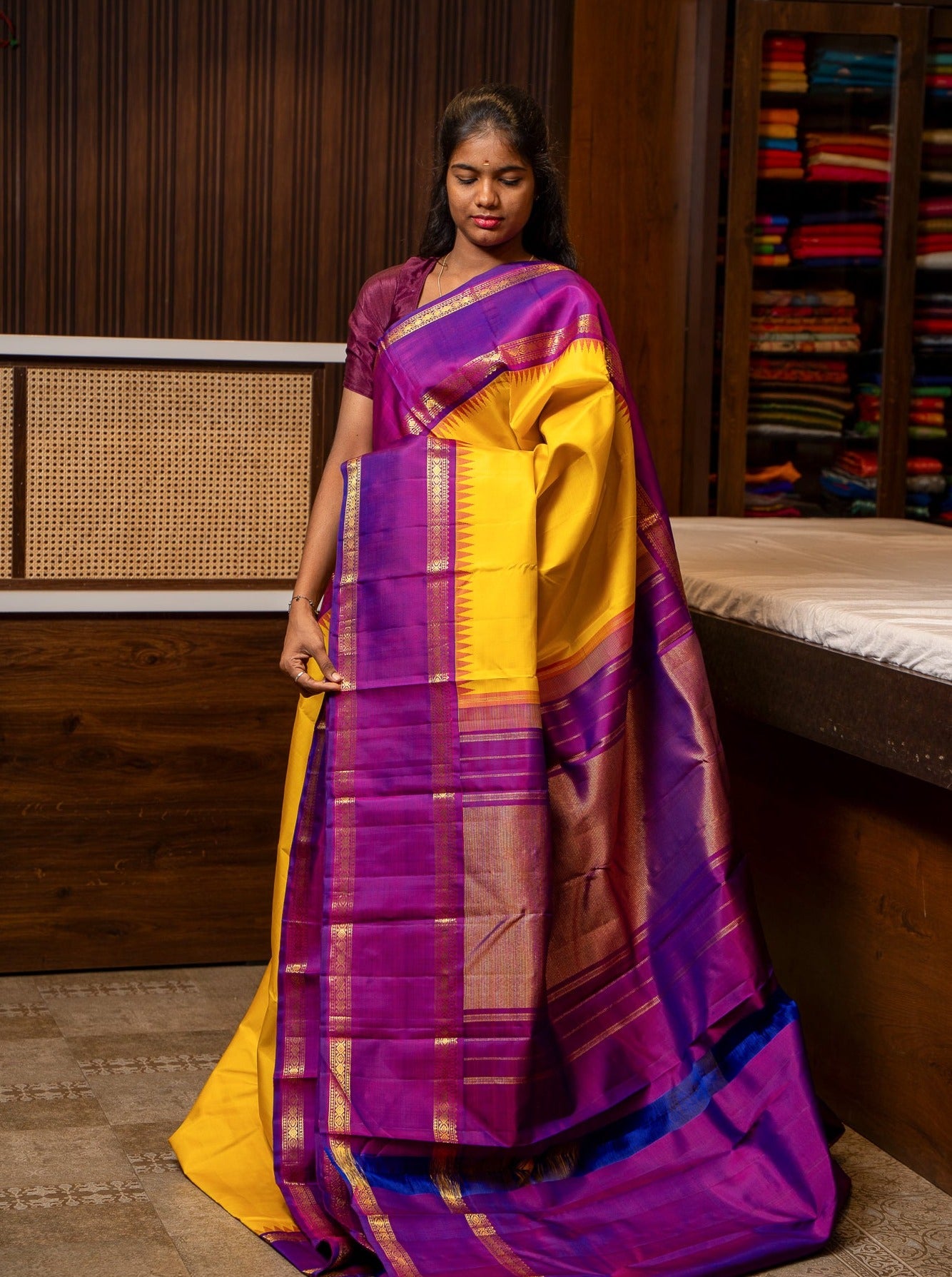 Yellow Handloom Korvai Kanjivaram Silk Saree | Avishya.com