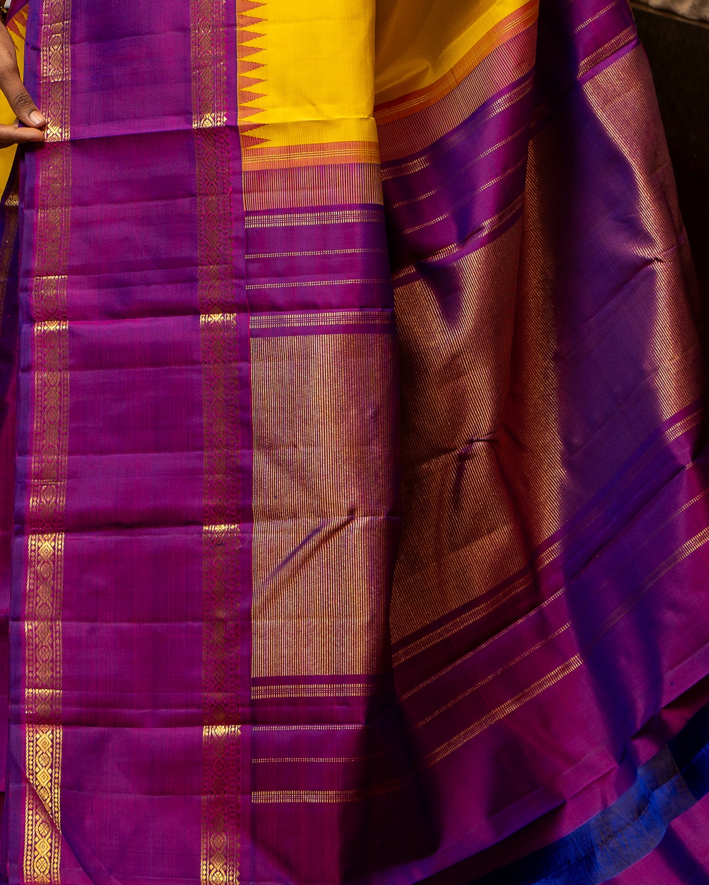 Yellow and Purple Pure Kanchipuram Silk Saree - Clio Silks