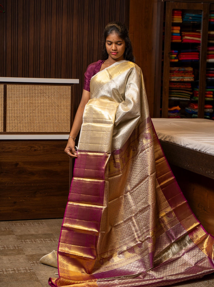 Silver Grey Floral Brocade Pure Kanchipuram Silk Saree - Clio Silks