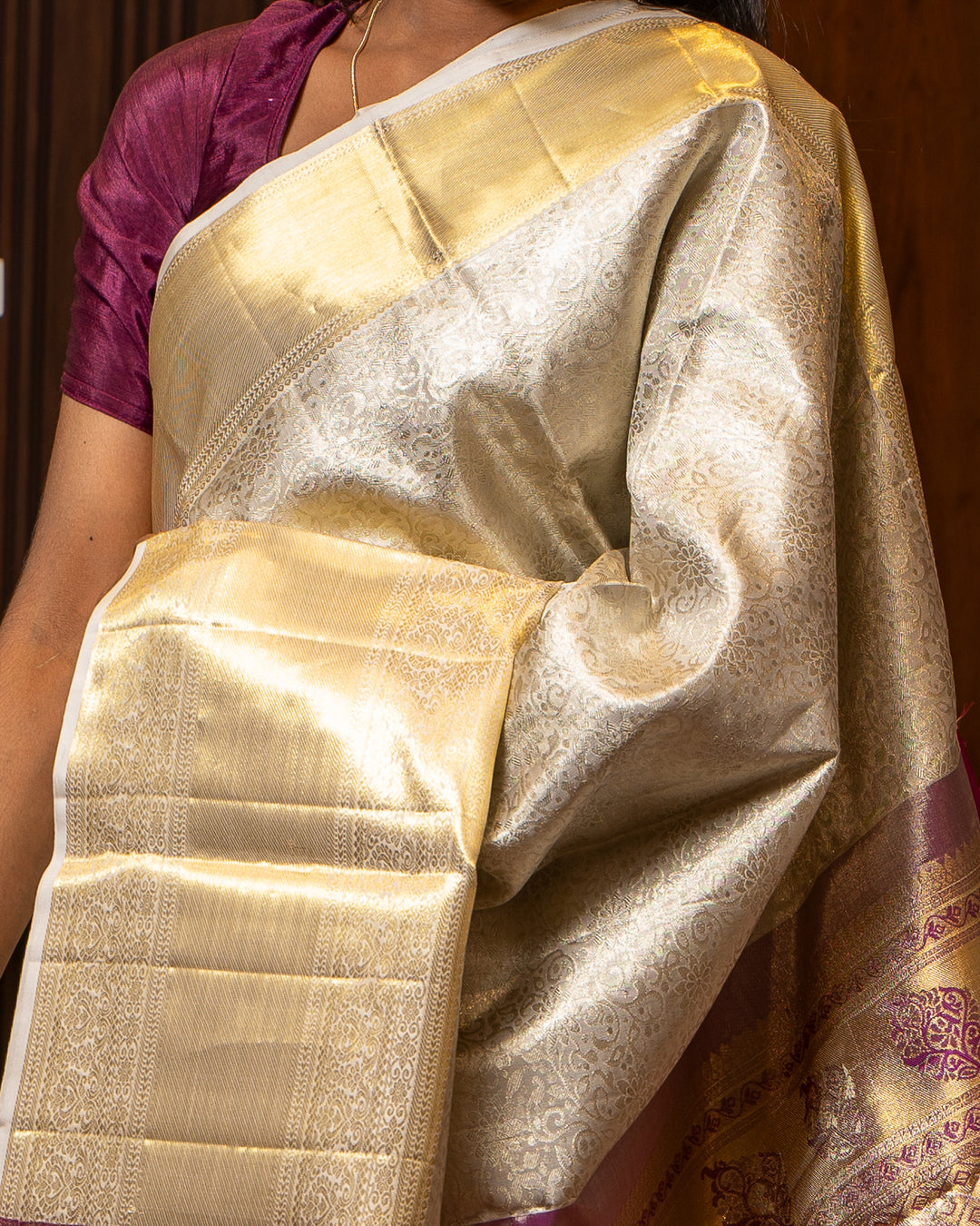 Silver Grey Floral Brocade Pure Kanchipuram Silk Saree - Clio Silks