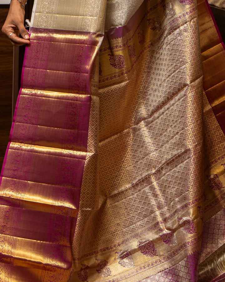 Silver Grey Floral Brocade Pure Kanchipuram Silk Saree - Clio Silks