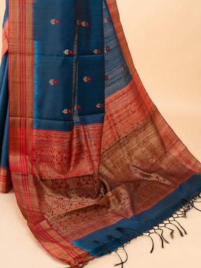 Peacock blue and red thread motifs pure dupian raw silk saree