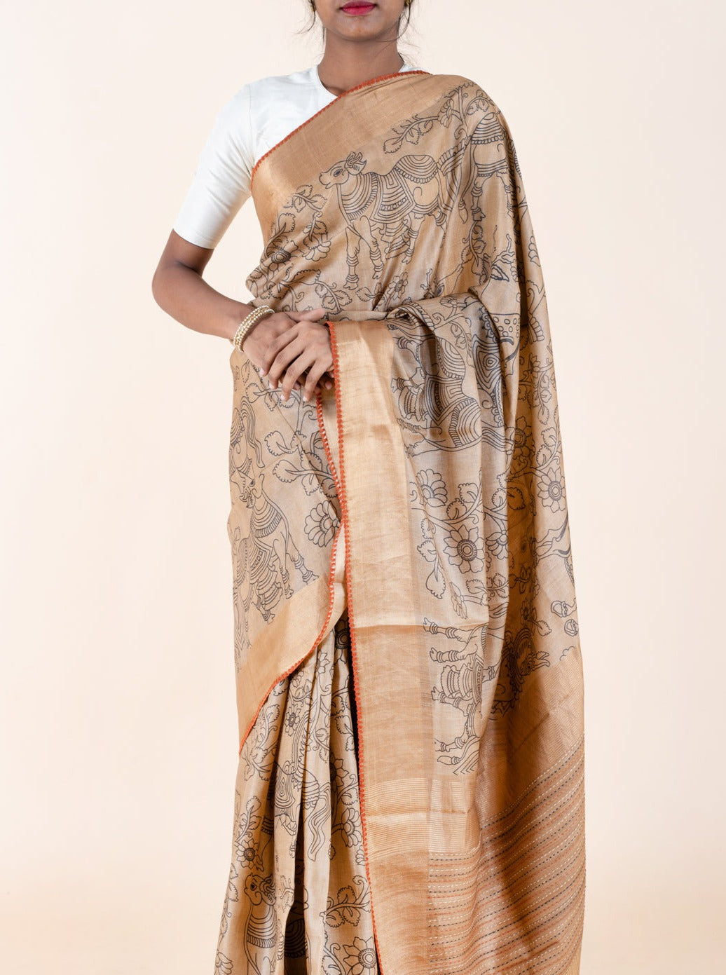 Beige Kalamkari Pure Tussar Saree - Clio Silks