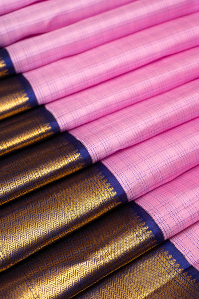 Lotus Pink and Purple Checks Pure Kanchipuram Silk Saree - Clio Silks