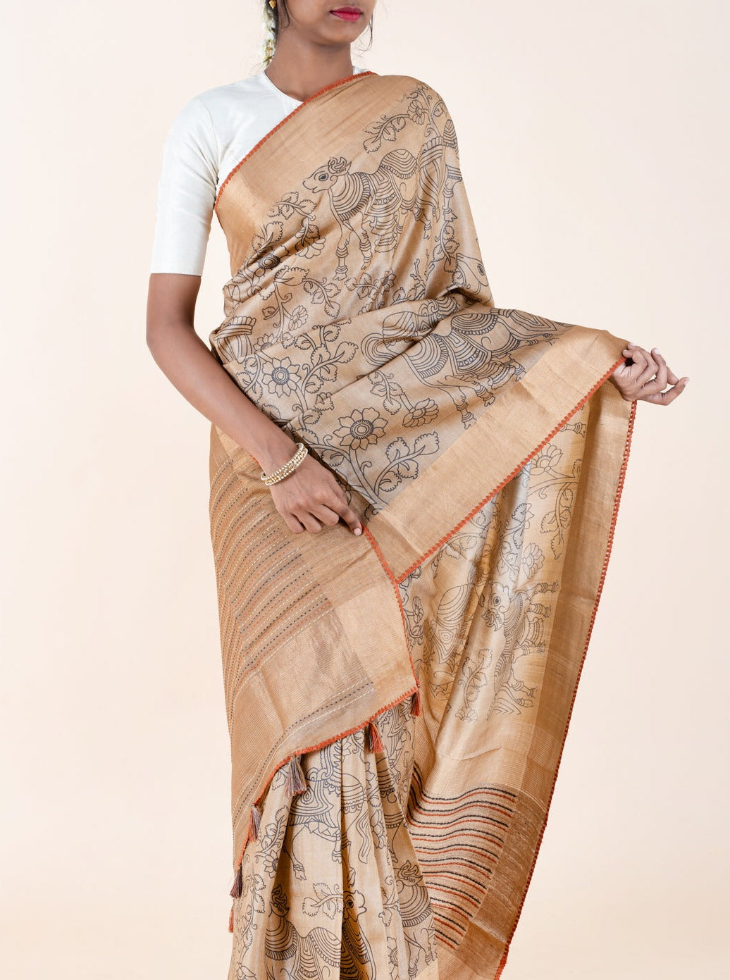 Beige Kalamkari Pure Tussar Saree - Clio Silks