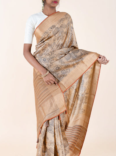 Beige Kalamkari Pure Tussar Saree - Clio Silks