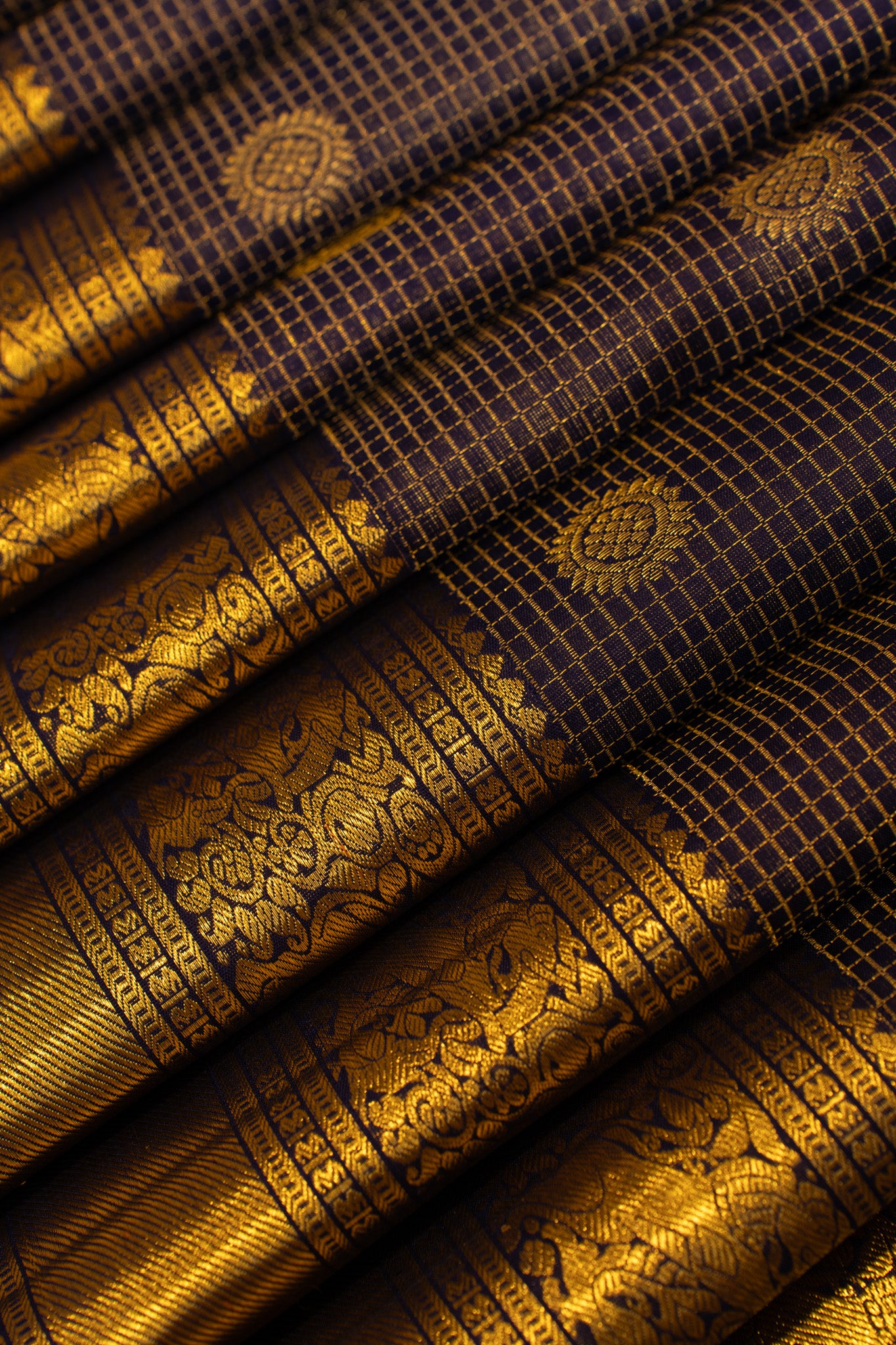 Dark purple zari checks pure Kanchipuram silk saree