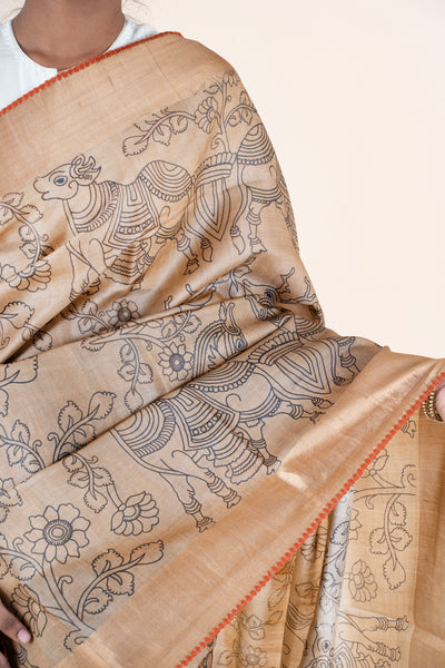 Beige Kalamkari Pure Tussar Saree - Clio Silks