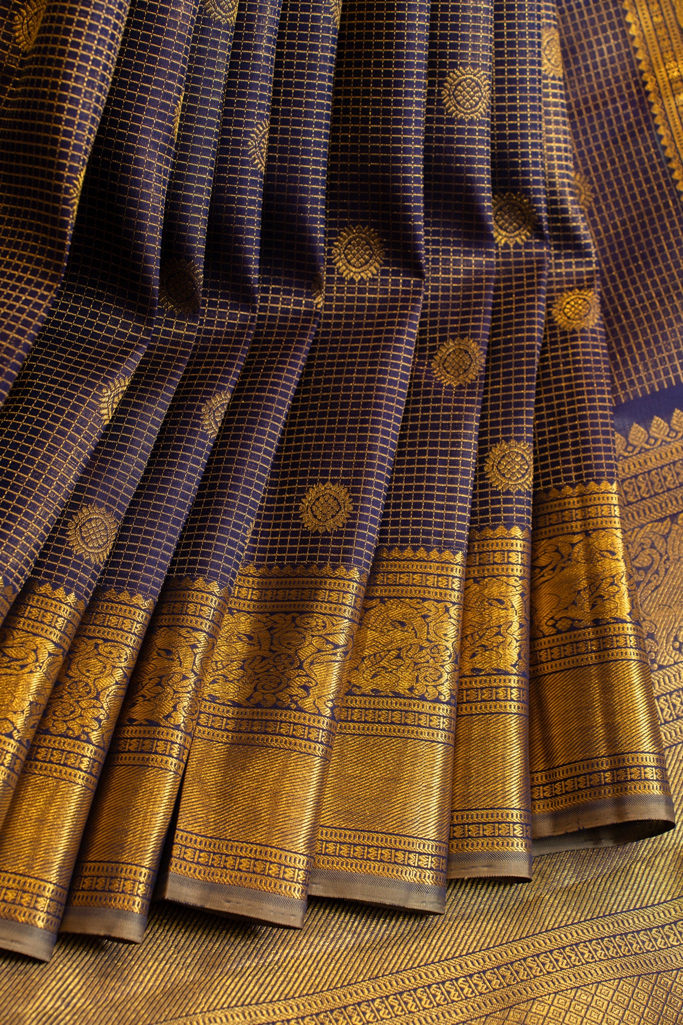 Dark purple zari checks pure Kanchipuram silk saree