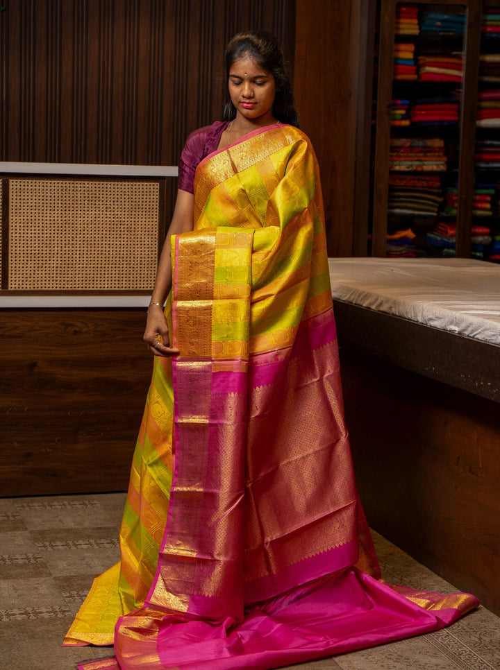 Yellow Thread Brocade Pure Kanjivaram Silk Saree - Clio Silks