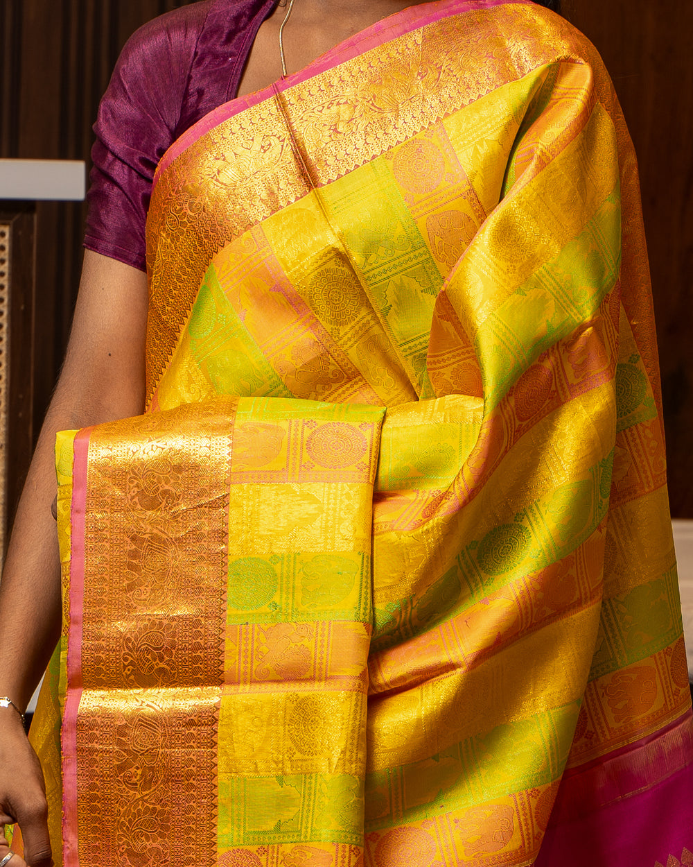 Yellow Thread Brocade Pure Kanjivaram Silk Saree - Clio Silks