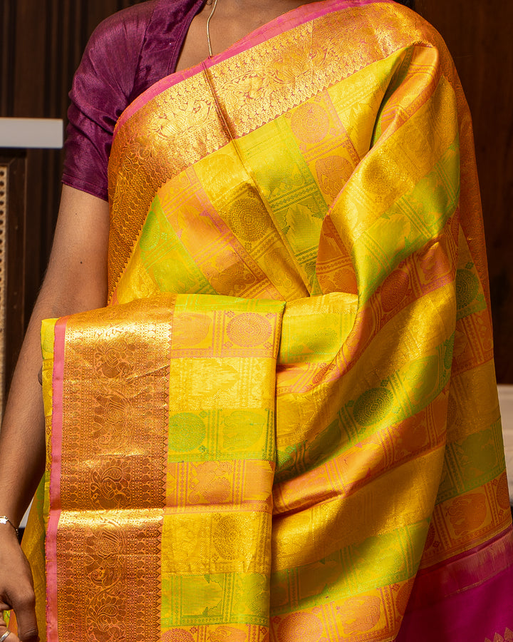 Yellow Thread Brocade Pure Kanjivaram Silk Saree - Clio Silks