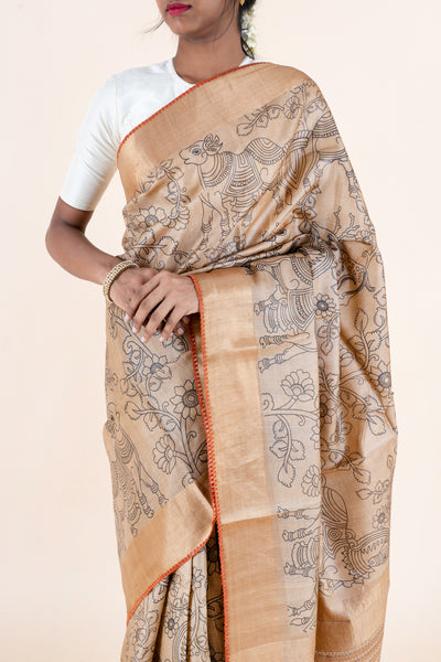 Beige Kalamkari Pure Tussar Saree - Clio Silks