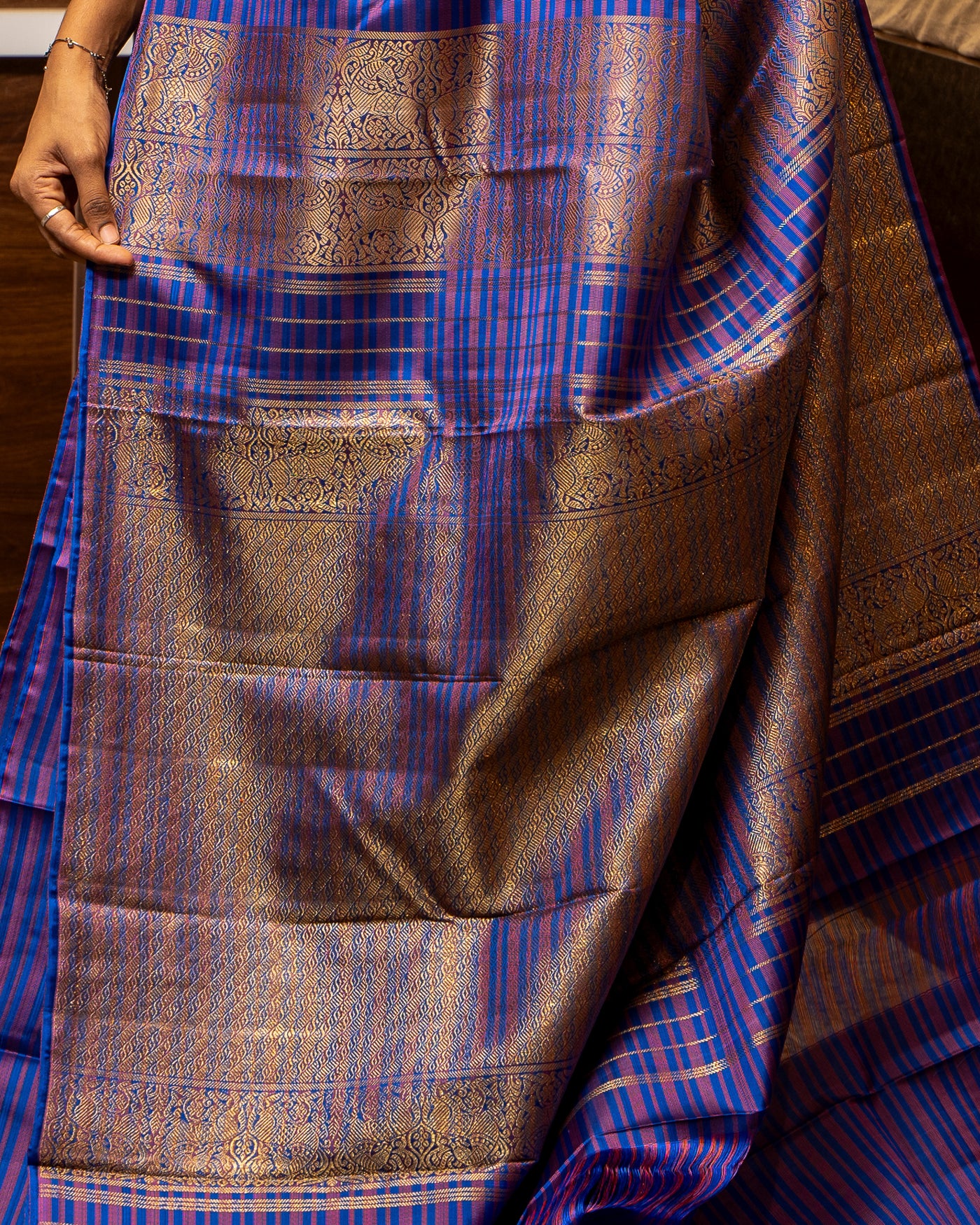Berry Blue Stripes Pure Kanchipuram Silk Saree - Clio Silks