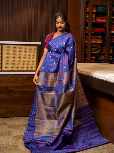 Blue Stripes Kanjivaram Silk Saree | Buy Blue Kanchipuram Silk Online