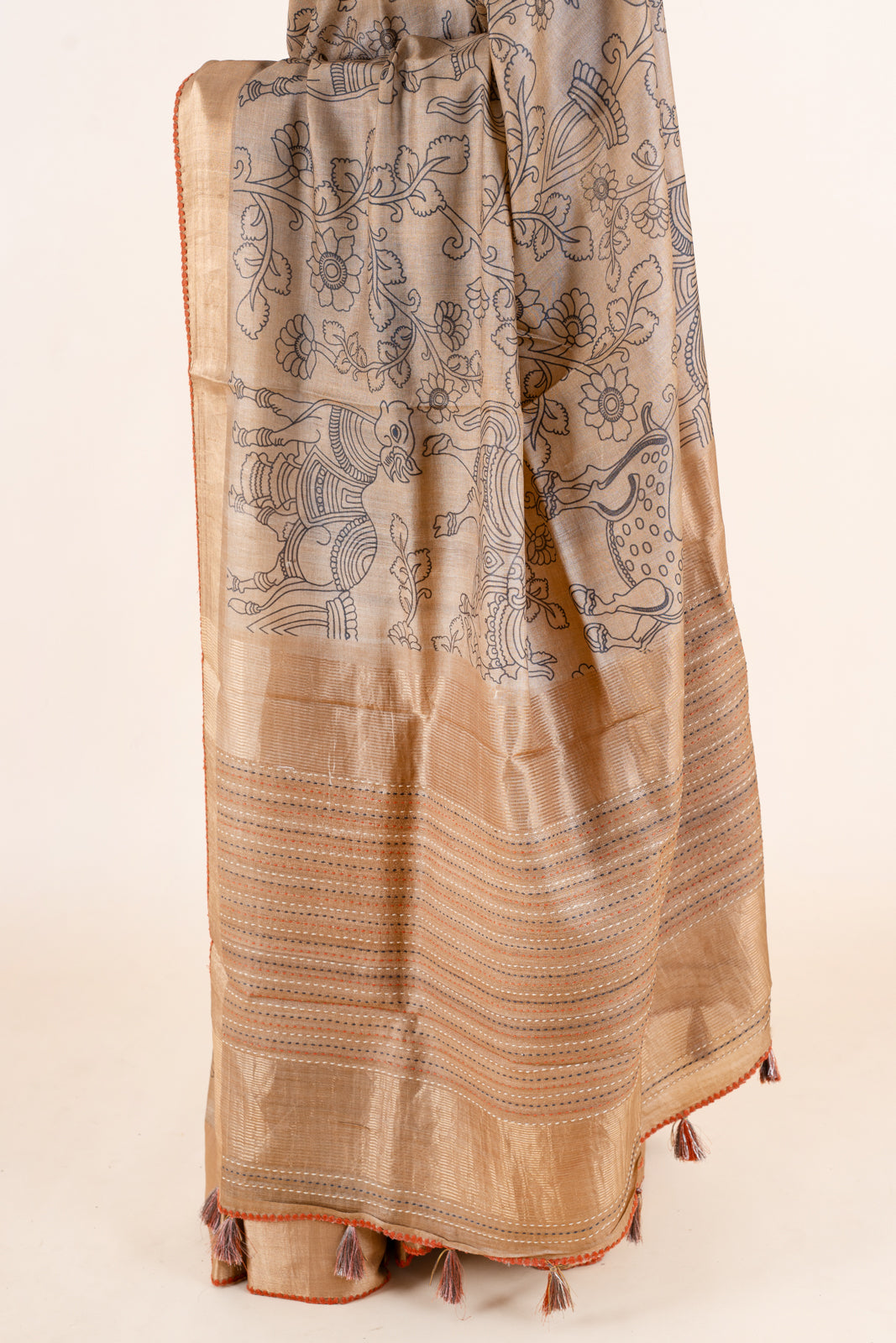 Beige Kalamkari Pure Tussar Saree - Clio Silks