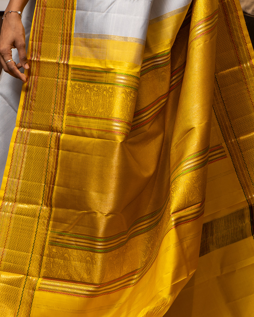 Cloud Grey and Yellow Pure Zari Kanchipuram Silk Saree - Clio Silks