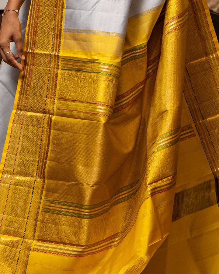 Cloud Grey and Yellow Pure Zari Kanchipuram Silk Saree - Clio Silks