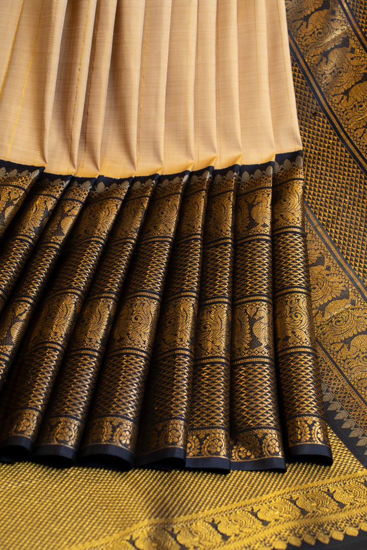 Sand beige and blue grand borders pure Kanchipuram silk saree