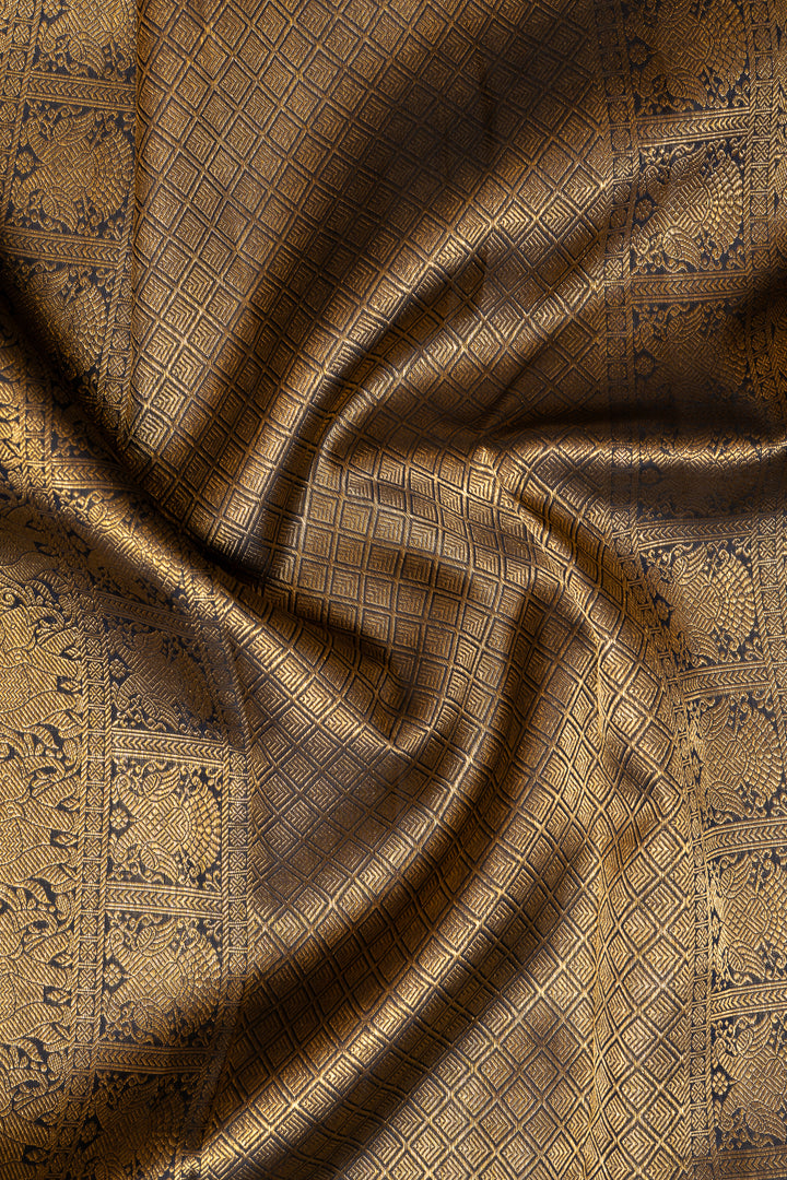 Beige and Midnight Blue Pure Zari Kanchipuram Silk Saree - Clio Silks