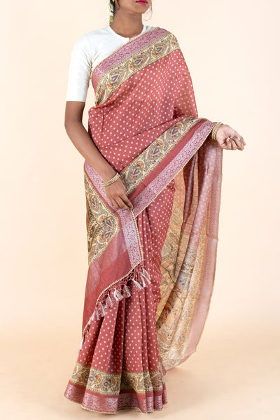 Rust Maroon Bandhini Munga Tussar Saree - Clio Silks