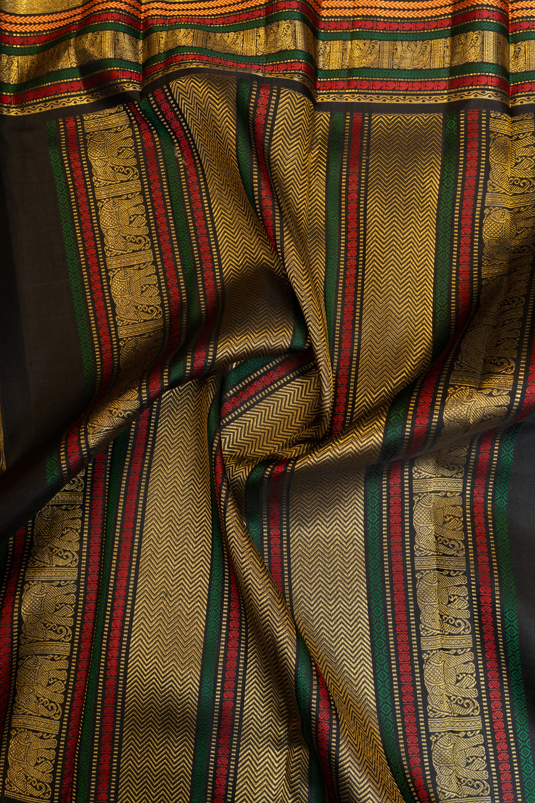 Orange and black Varisaipettu pure Kanchipuram silk saree