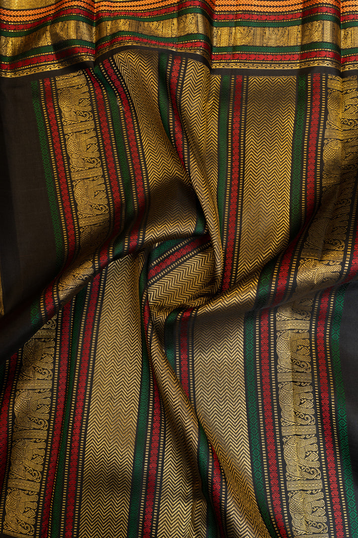 Orange and black Varisaipettu pure Kanchipuram silk saree