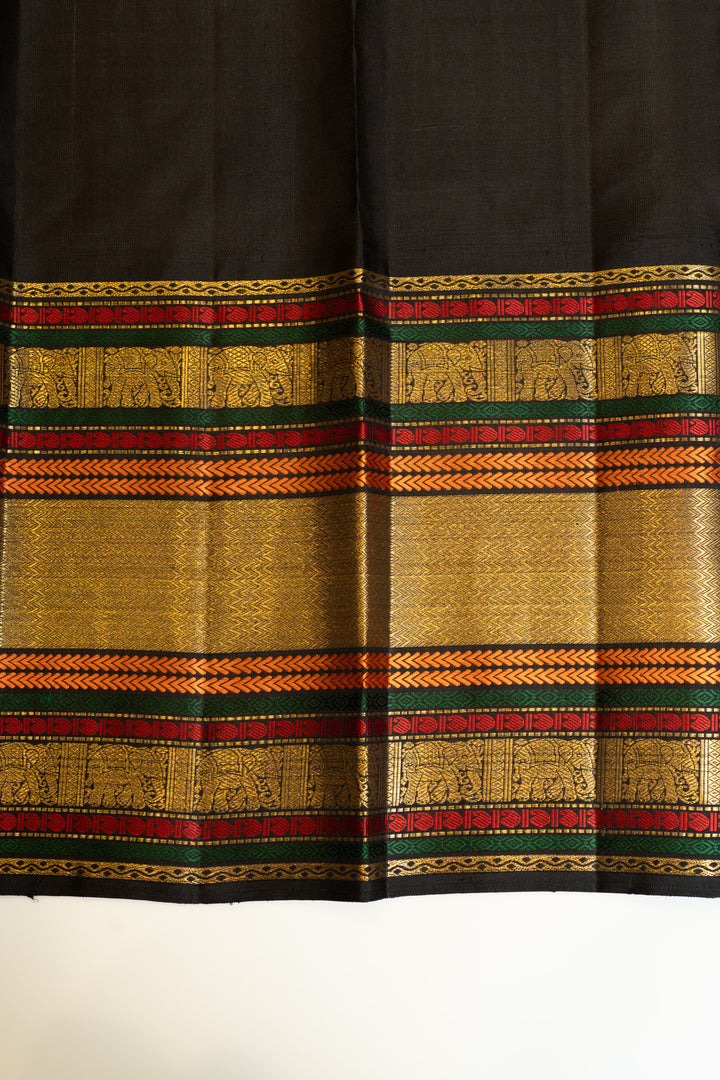 Orange and black Varisaipettu pure Kanchipuram silk saree