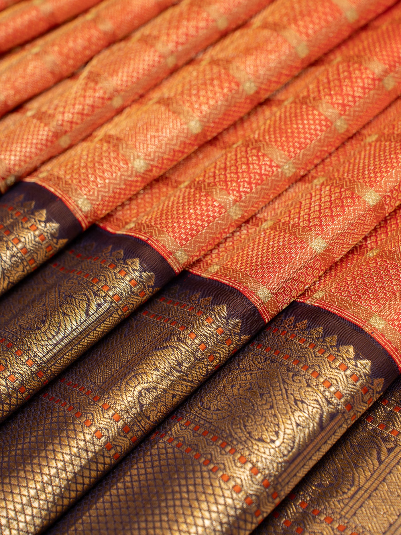 Orange and Jamun Brocade Korvai Kanjivaram Silk Saree