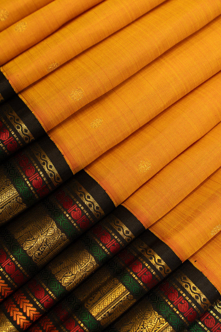 Orange and black Varisaipettu pure Kanchipuram silk saree